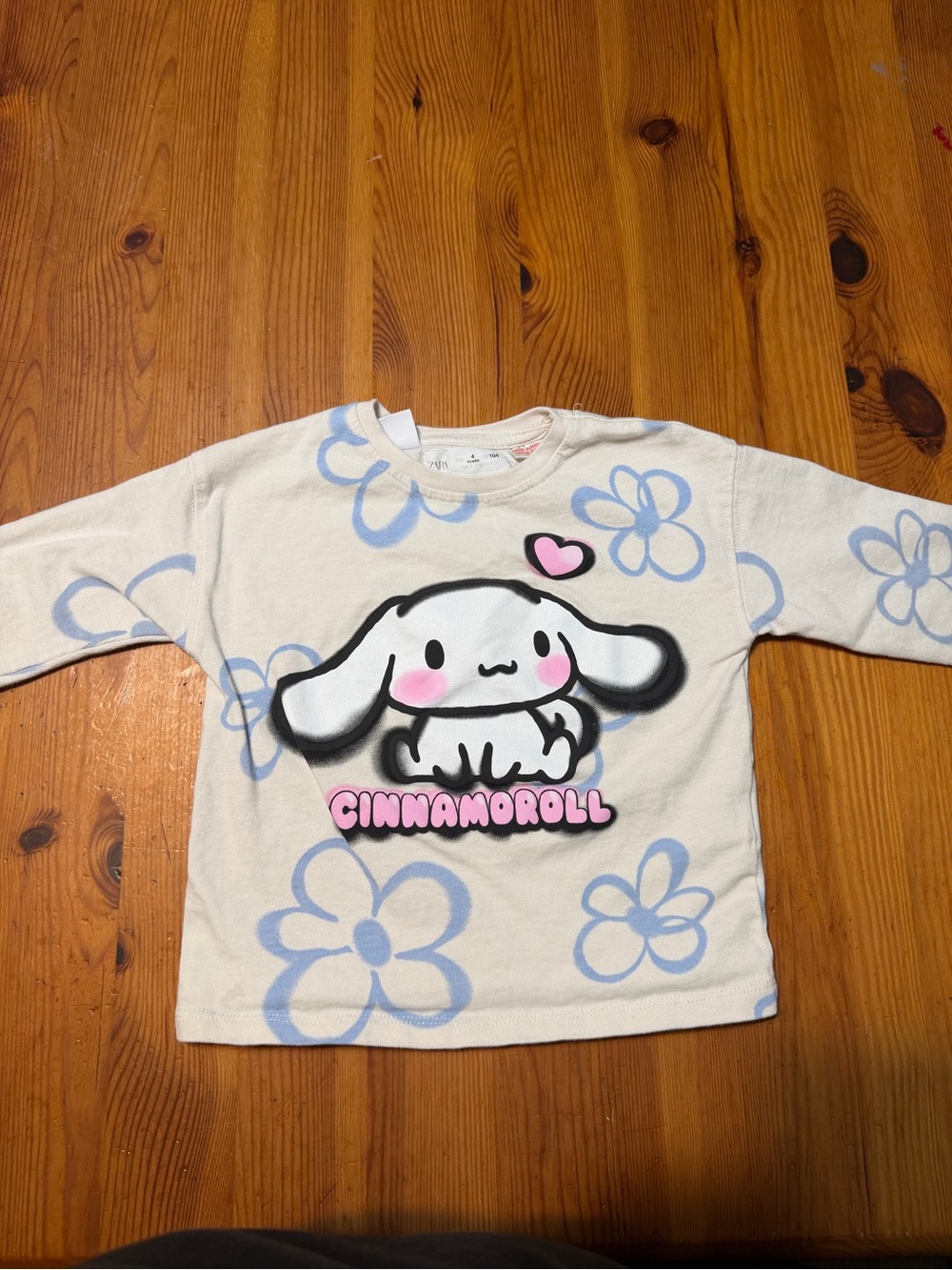 Zara Cream Long Sleeve Cinnamoroll Top with Blue Flowers and Pink Accents